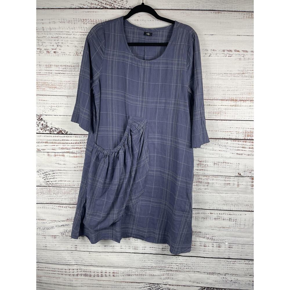 Tulip Dress Women's Small Blue Plaid 3/4 Sleeve Pocket Tunic Boho Cotton Artwear